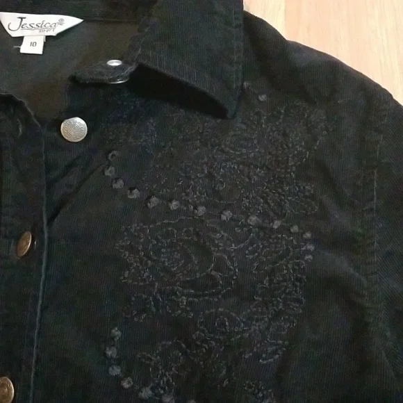 Jessica long sleeve black embroidered corduroy button down shirt size 10 EUC - Picture 8 of 12
